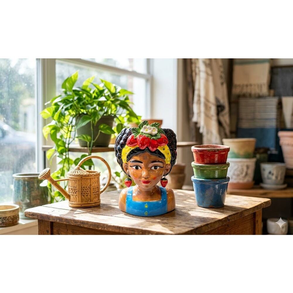 Large Ceramic Fruit lady headvase planter Multi 9" tall Strawberry Island Girl